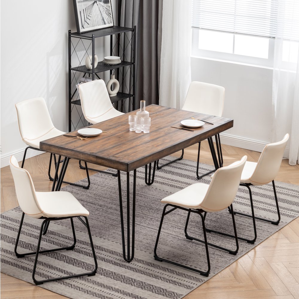 Aryven 7-Pc Dining Set with Rustic Dark Pine Table and 6 Chairs in Antique White. Picture 4