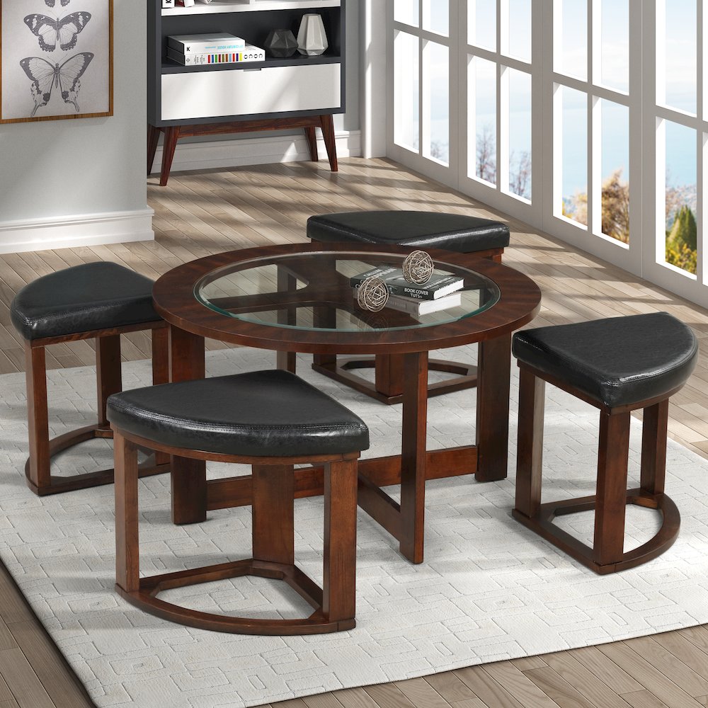 Cylina Solid Wood Glass Top Round Coffee Table with 4 Stools. Picture 6