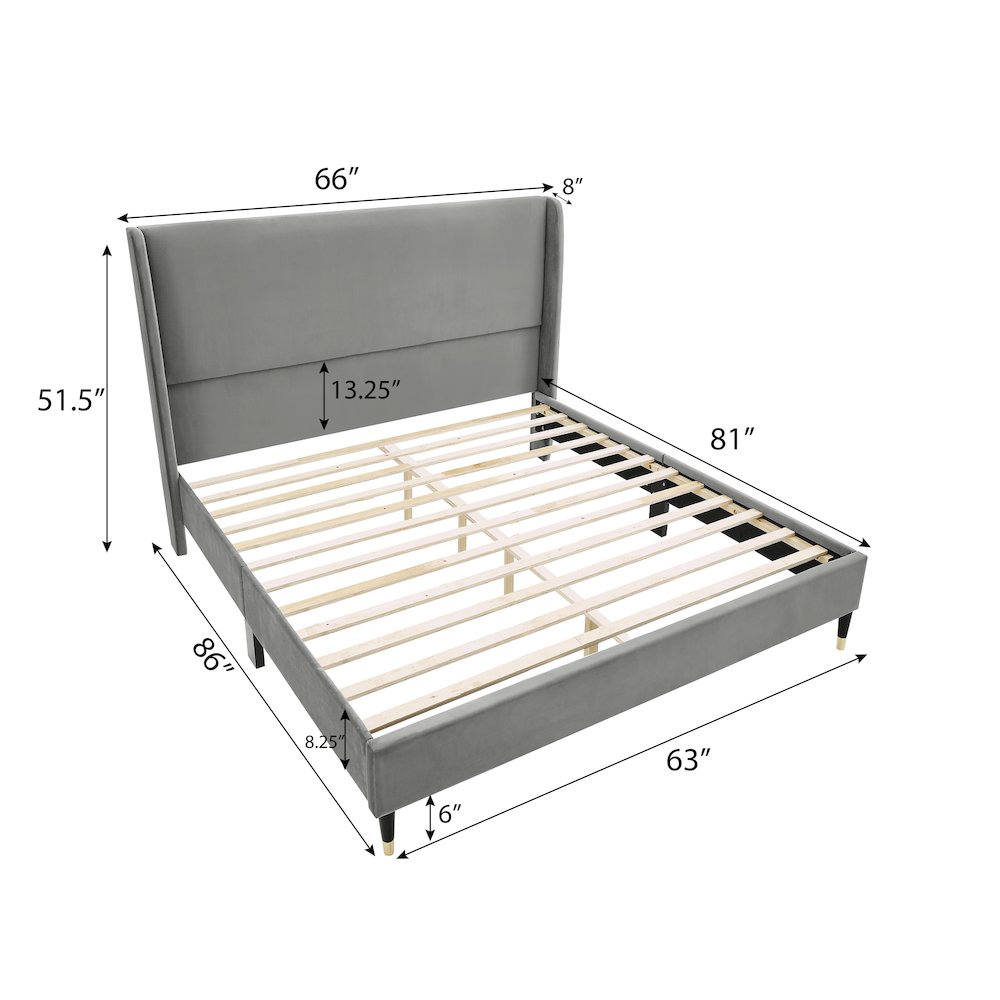 Rozitta Gray Velvet Wingback Platform Bed, Queen. Picture 7