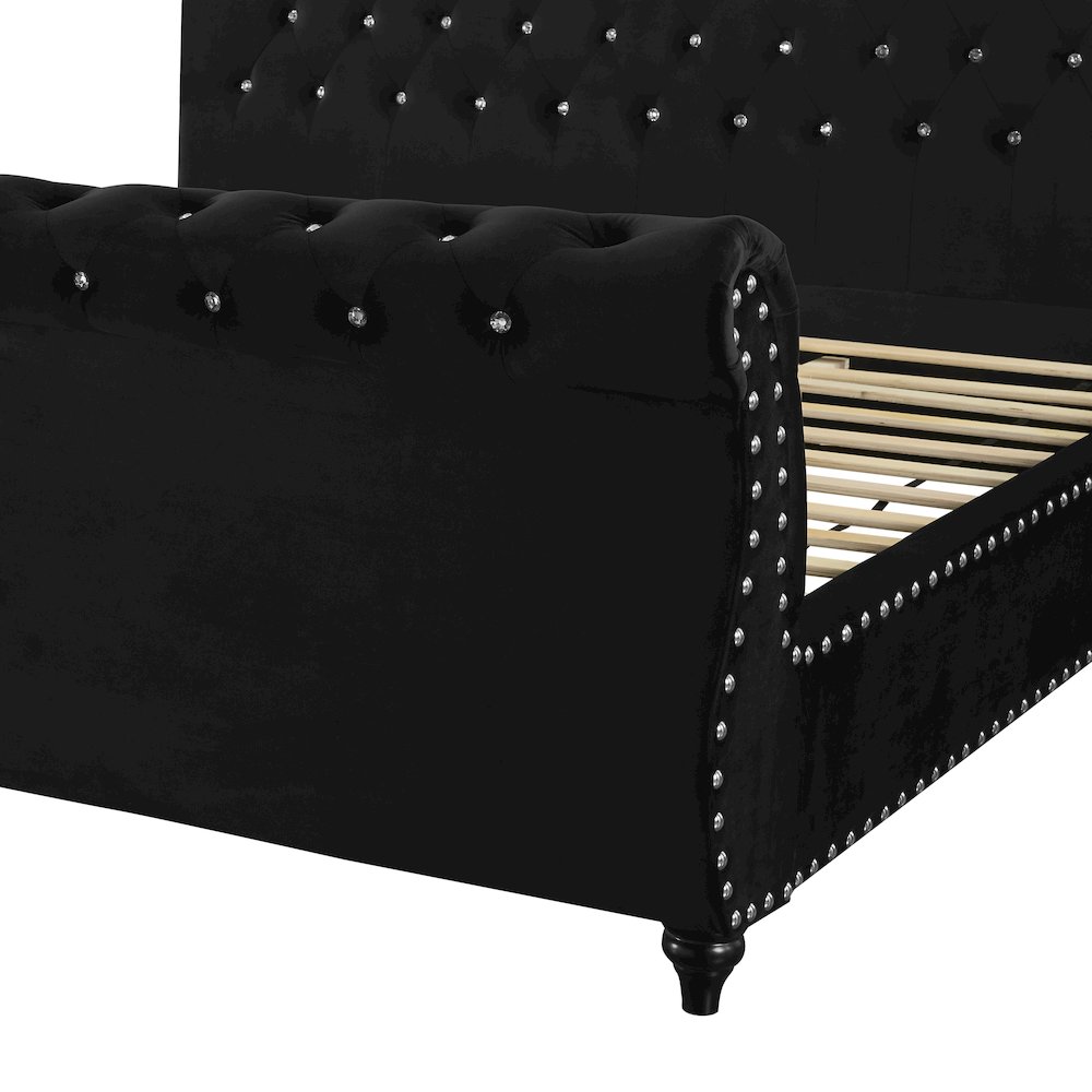 Evora Black Velvet Upholstered Crystal Button Tufted Sleigh Bed, Queen. Picture 4