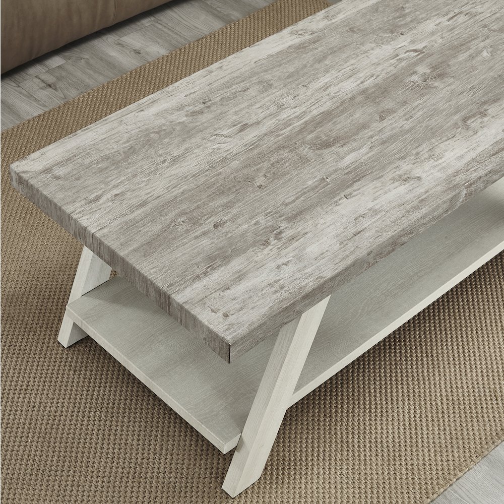 Athens Contemporary Two-Tone Wood Shelf Coffee Table in Weathered Gray and Beige. Picture 4