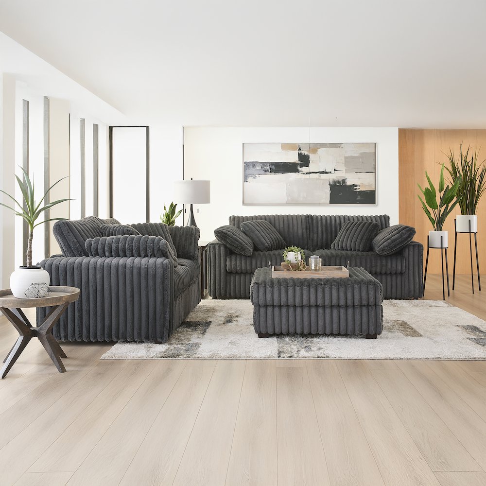 Belvoir 3-Piece Living Room Set, Sofa Loveseat and Ottoman, Charcoal. Picture 2