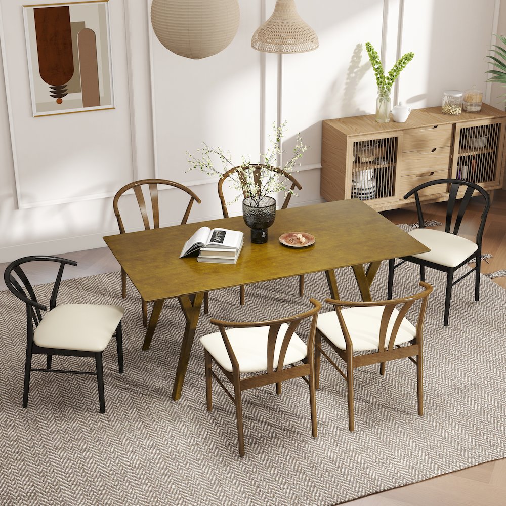7-Piece Dining Set, Wood Dining Table with 4 Walnut and 2 Black Wishbone Chairs. Picture 3