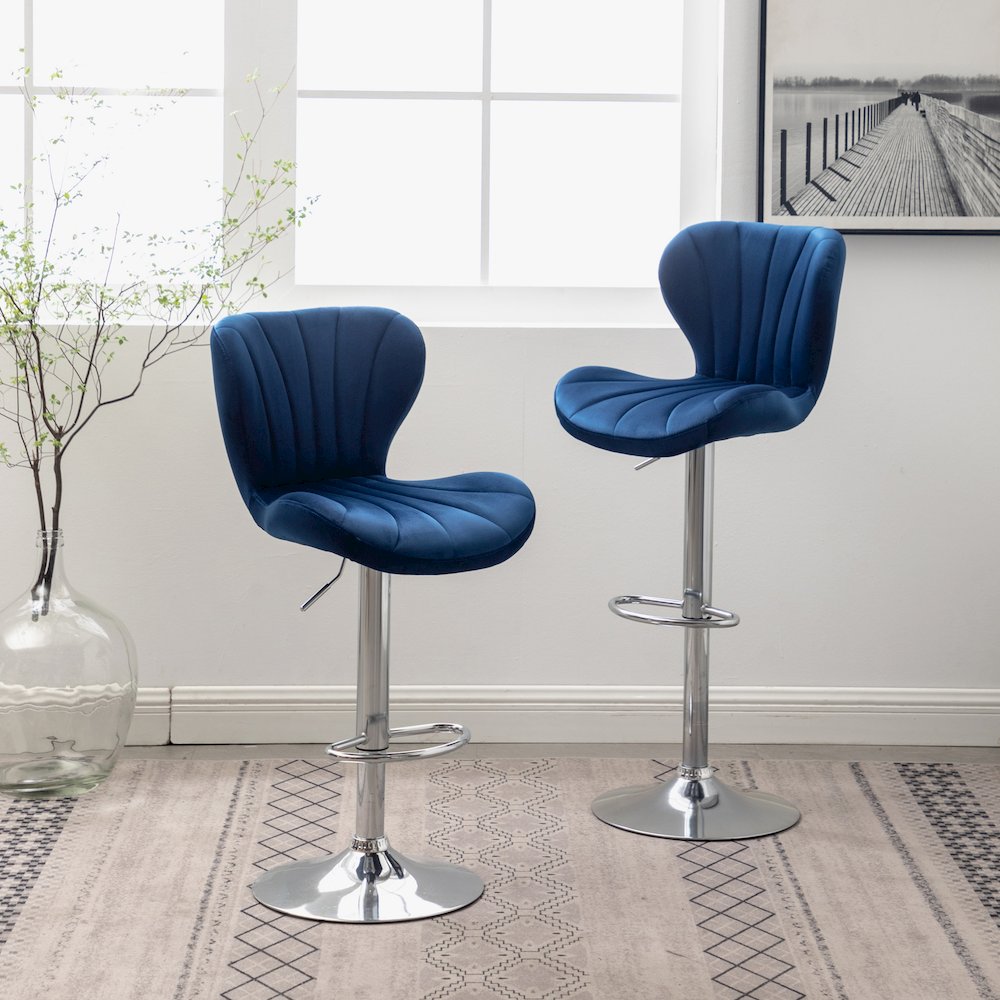 Ellston Upholstered Adjustable Swivel Barstools in Blue, Set of 2. Picture 2
