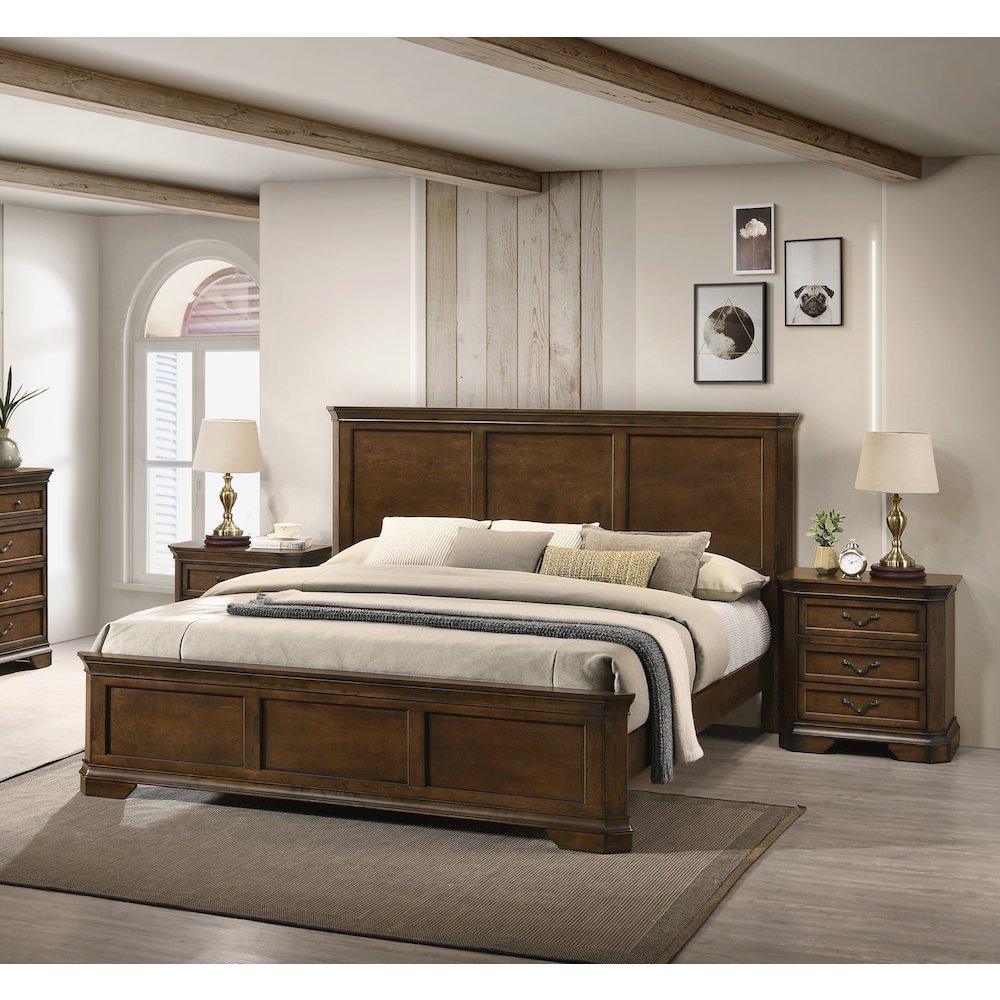 3-Piece Bedroom Set, King Panel Bed and 2 Nightstands, Antique Walnut Finish. Picture 3