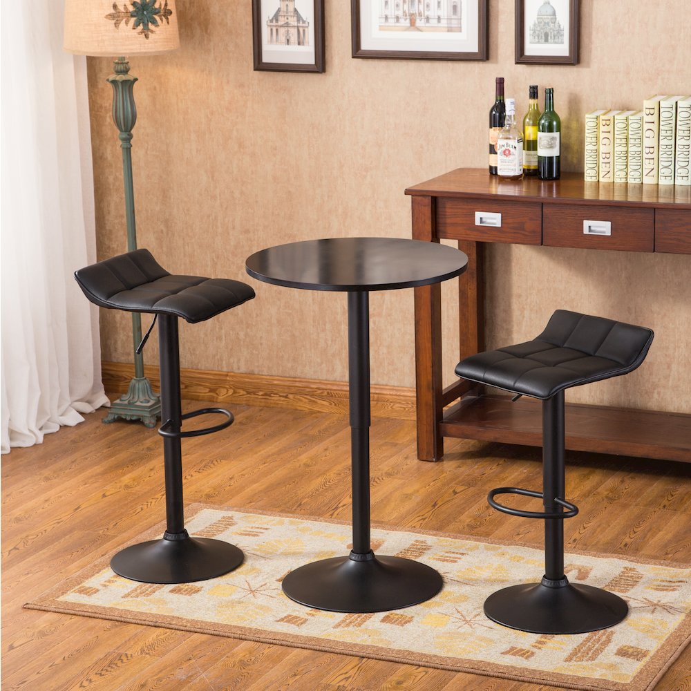 Belham Round Adjustable Bar Table and 2 Swivel Adjustable Bar Stools, Black. Picture 4