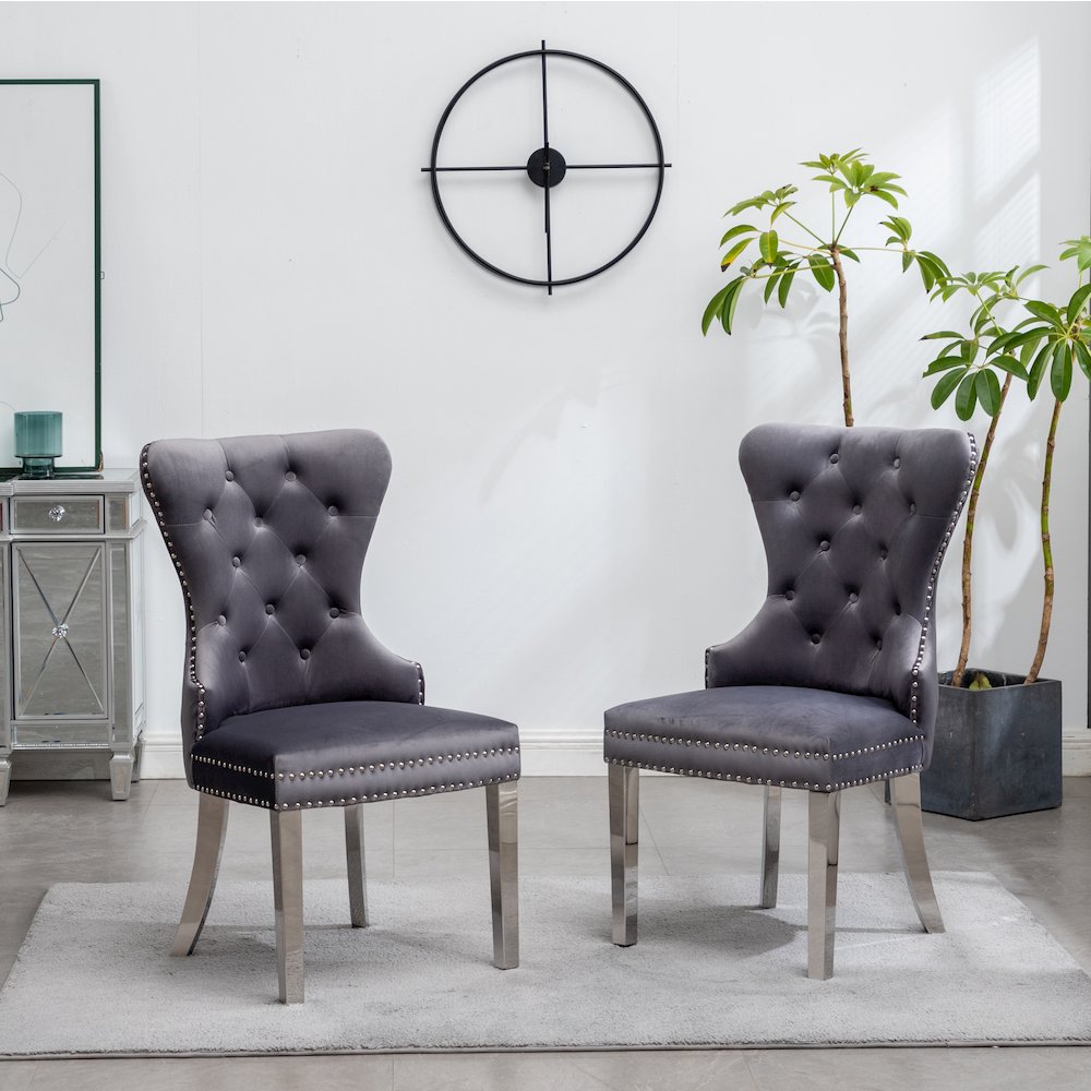 Montura Contemporary Tufted Velvet Chair with Nailhead Trim, Set of 2, Gray. Picture 2