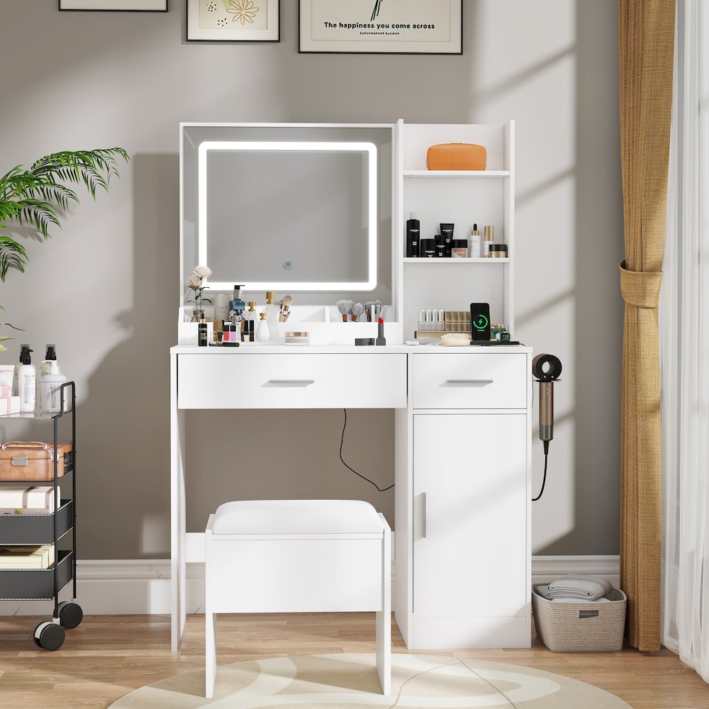 Makeup Vanity Set, Vanity Desk with Stool, LED Light Mirror, White. Picture 2