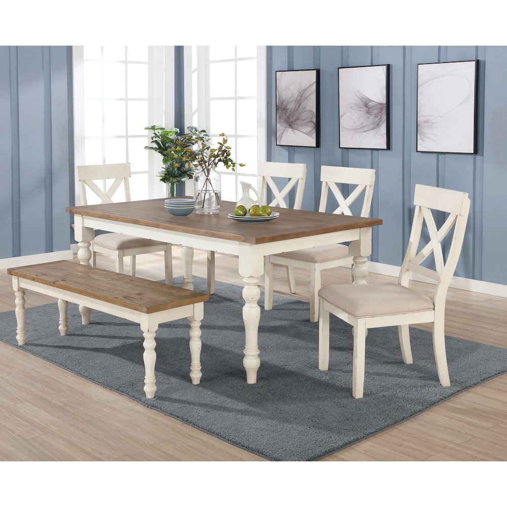 Prato 6-PC Dining Set With Chairs and Bench, Antique White and Distressed Oak. Picture 2