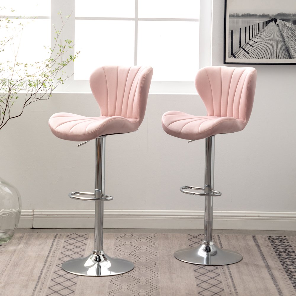 Ellston Upholstered Adjustable Swivel Barstools in Pink, Set of 2. Picture 4