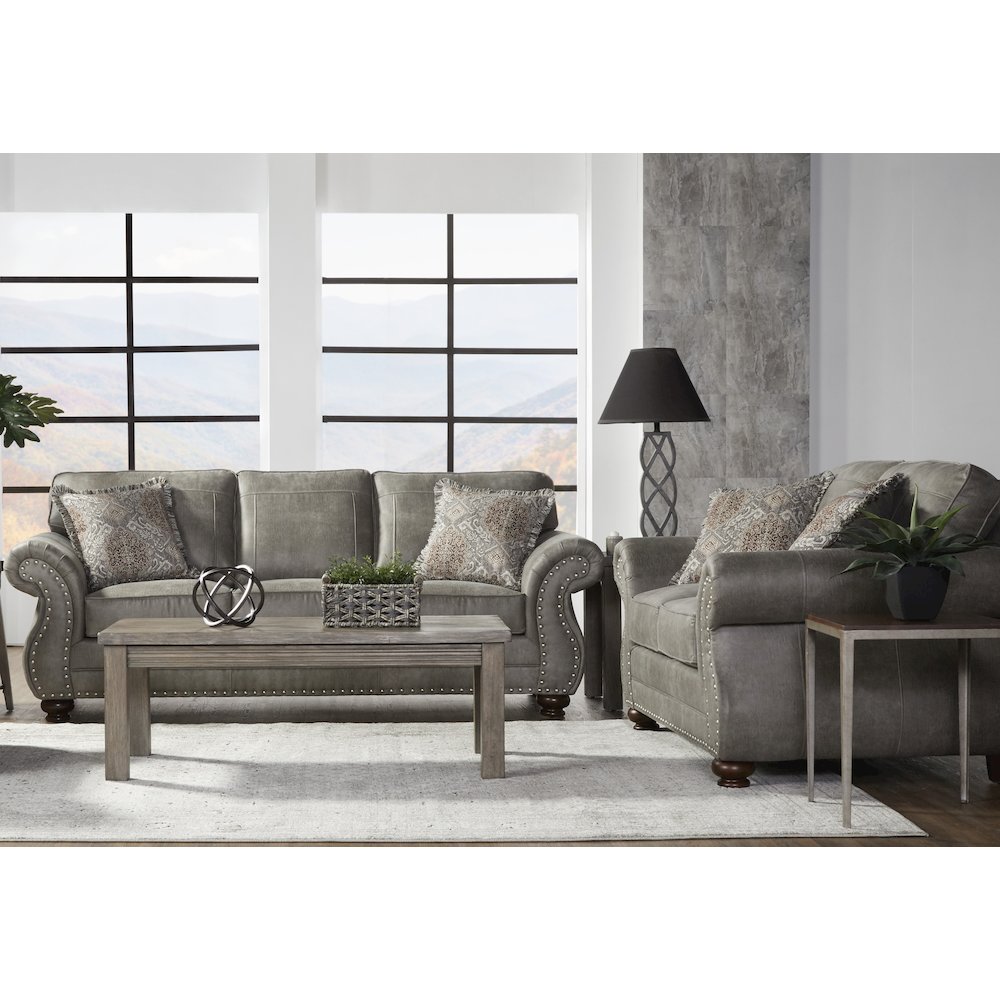 Leinster Faux Leather Upholstered Nailhead Sofa and Loveseat Set in Stone Gray. Picture 2