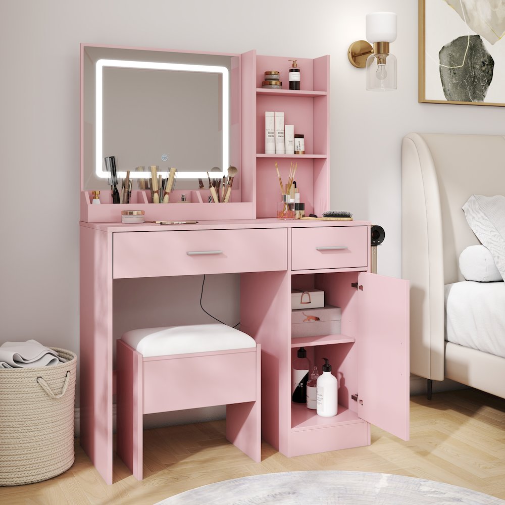 Makeup Vanity Set, Vanity Desk, Stool, LED Light Mirror, Pink. Picture 4