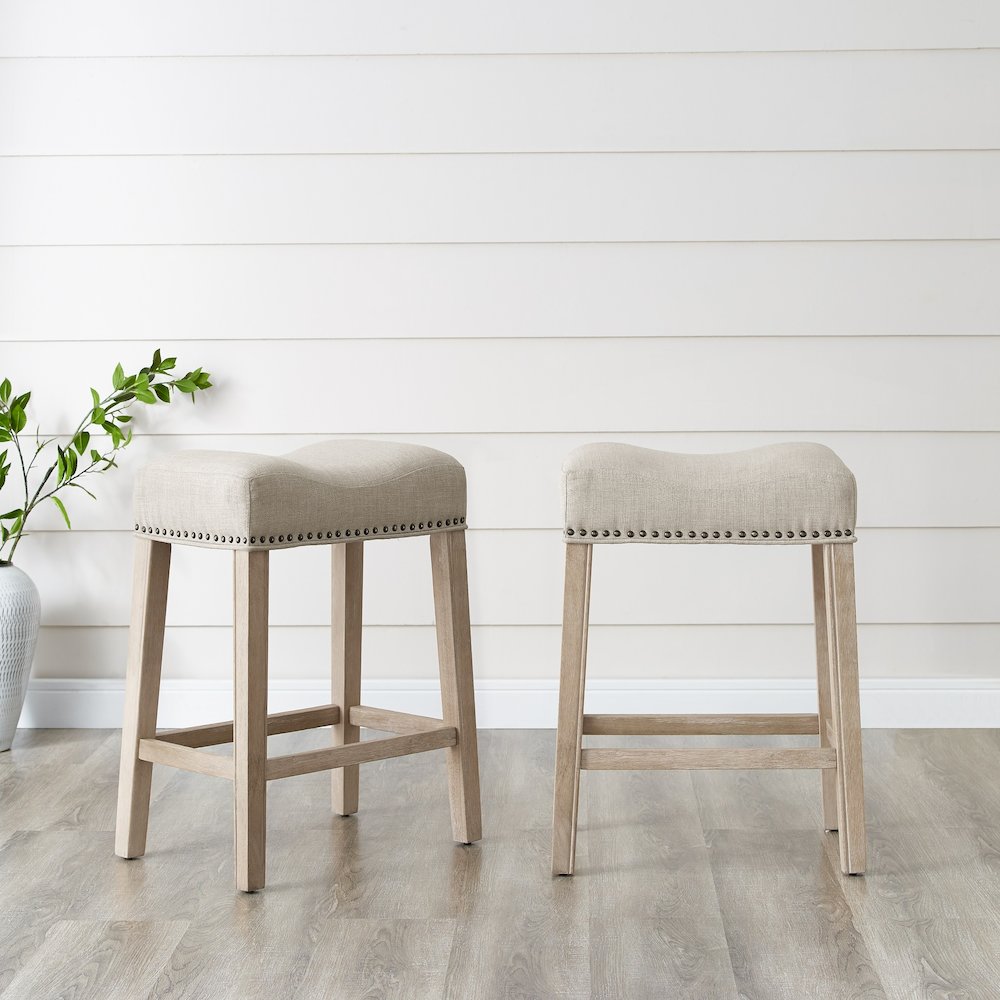 CoCo Upholstered Backless Saddle Seat Counter Stools 24", Set of 2, Tan. Picture 2