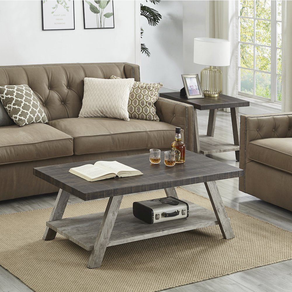 Athens Contemporary 3Pc Wood Shelf Coffee Table Set in Weathered Walnut and Gray. Picture 4
