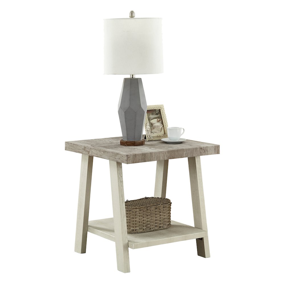 Athens Contemporary Two-Tone Wood Shelf End Table in Weathered Gray and Beige. Picture 1