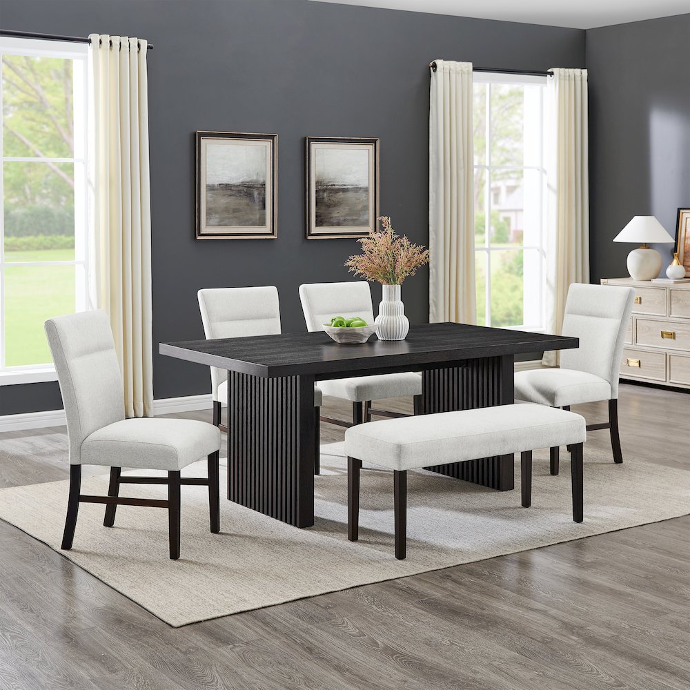 Madison 6-PC Dining Set, Slat-Fluted Dining Table with 4 Chairs and Bench, Gray. Picture 3