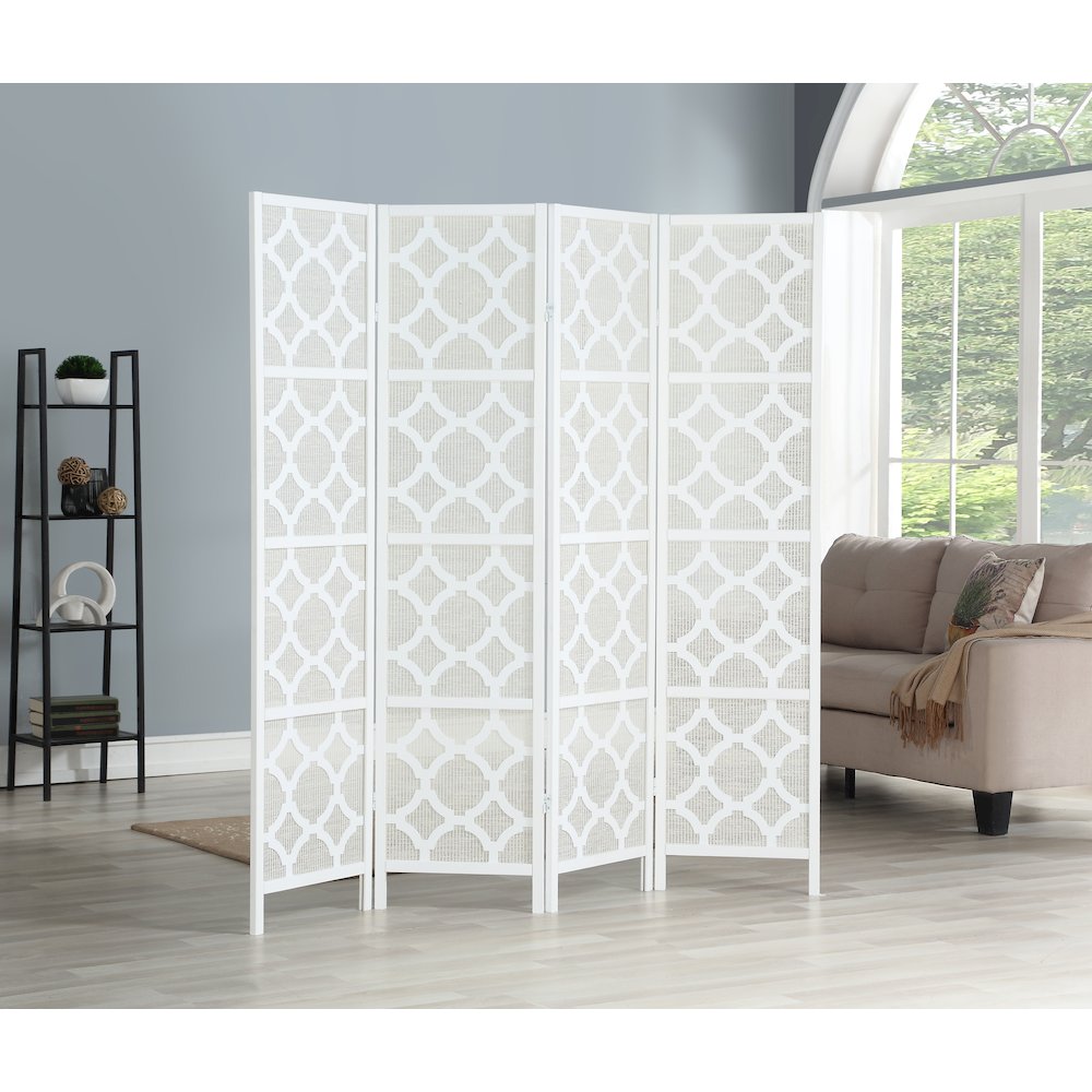 Quarterfoil infused Diamond Design 4-Panel Room Divider, White. Picture 2