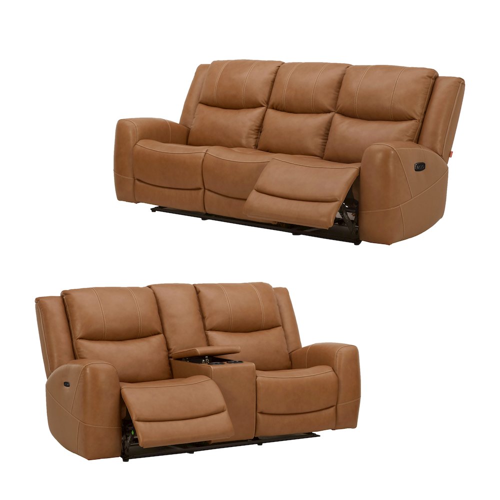Cozura Leather Power Recling Sofa and Loveseat, Silverado Butternut. Picture 1