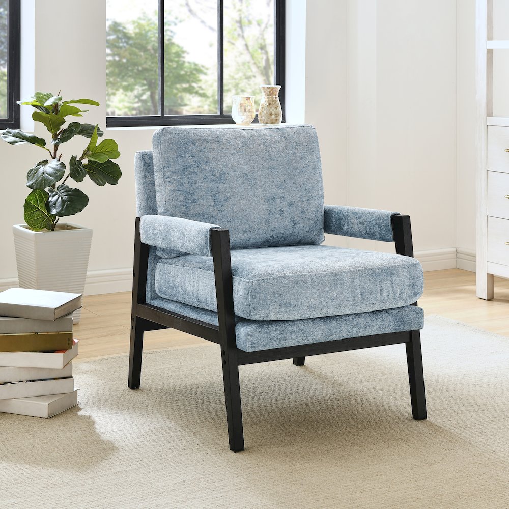 Kelly Mid-Century Modern Chenille Upholstered Accent Armchair, Blue. Picture 2