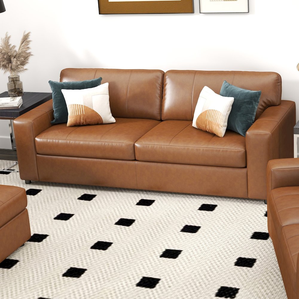 Sakan Leather Upholstered Sofa, Caramel. Picture 10