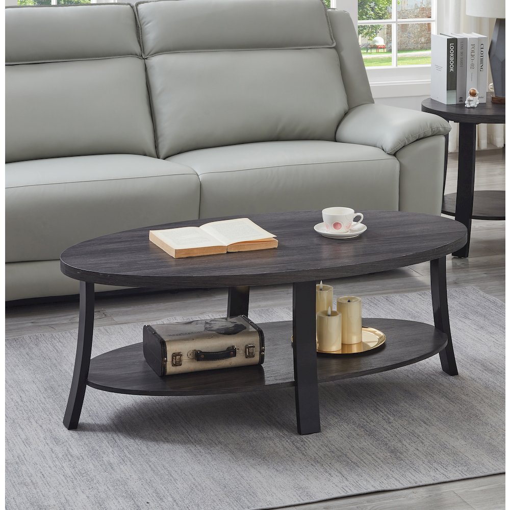 Anze Contemporary Oval Wood Shelf Coffee Table in Charcoal Finish. Picture 2