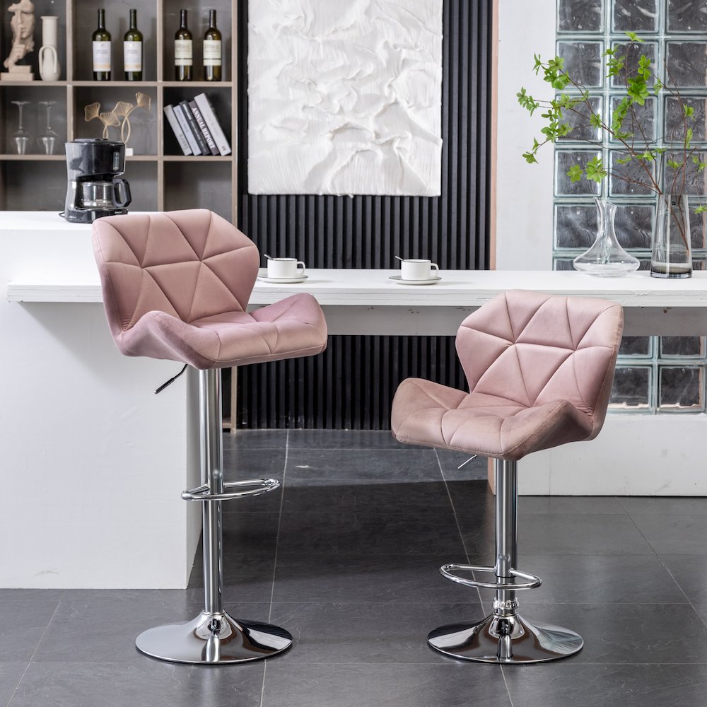 Breni Velvet Diamond Tufted Swivel Adjustable Height Barstool, Set of 2, Mauve. Picture 3
