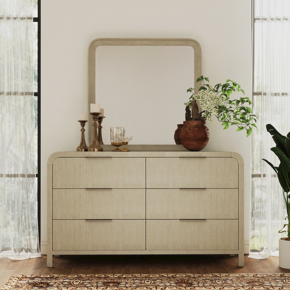 Tavari Contemporary 6-Drawer Wood Dresser with Mirror, Light Gray. Picture 2