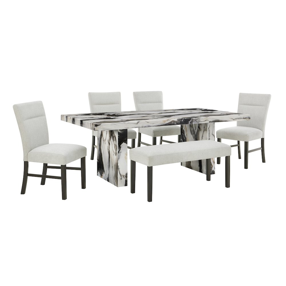 Cavira Modern Faux Marble Dining Table with 4 Chairs and Bench. Picture 1