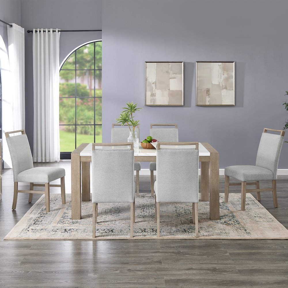 Zelalle 7-Piece Dining Set, Table with 6 Chairs, White Wired-Brushed Finish. Picture 3