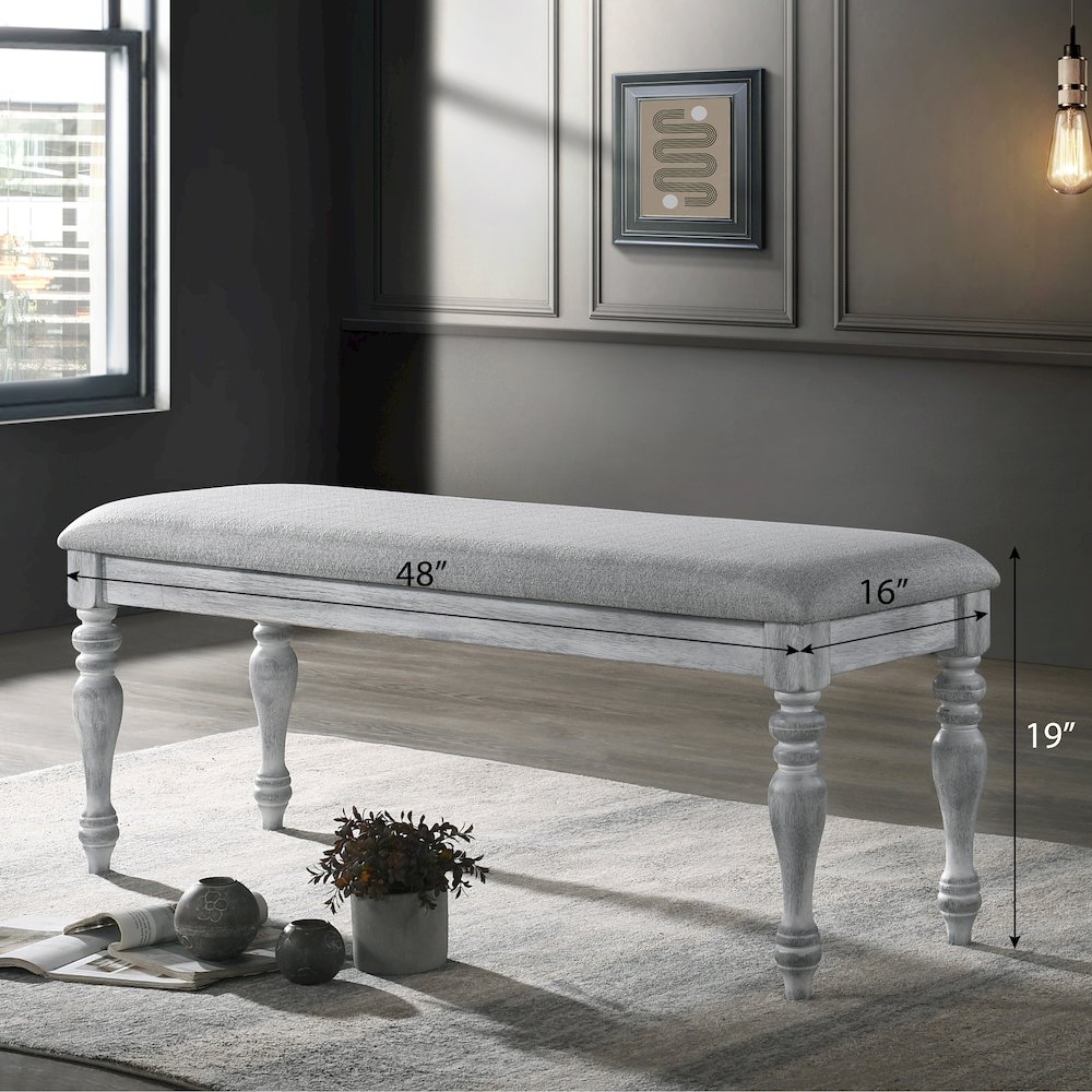 Salines Upholstered Turned Leg Dining Bench, Rustic White. Picture 4