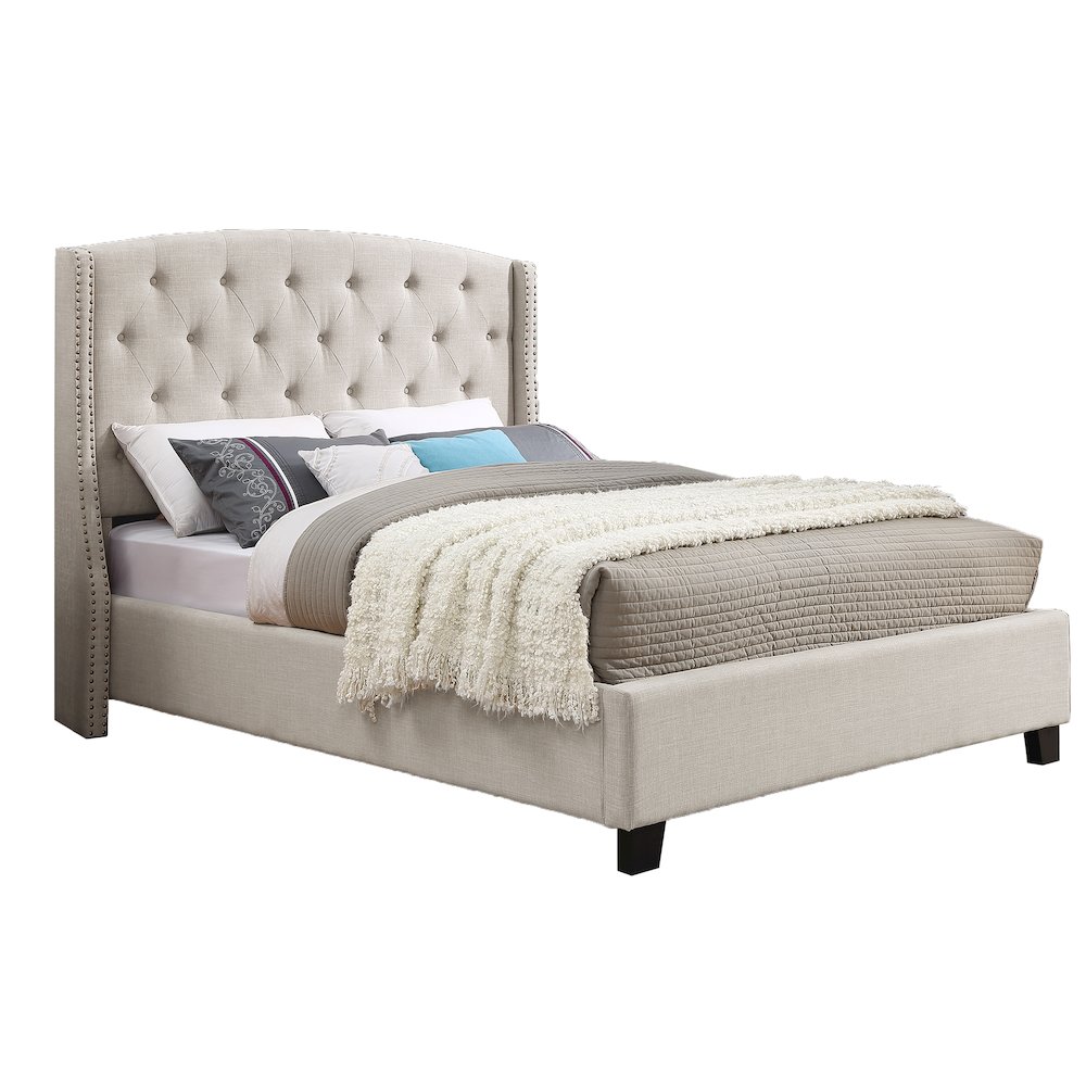 3-Piece Upholstered Bedroom Set, Tufted Wingback Bed, 2Gray Nightstands, Queen. Picture 6