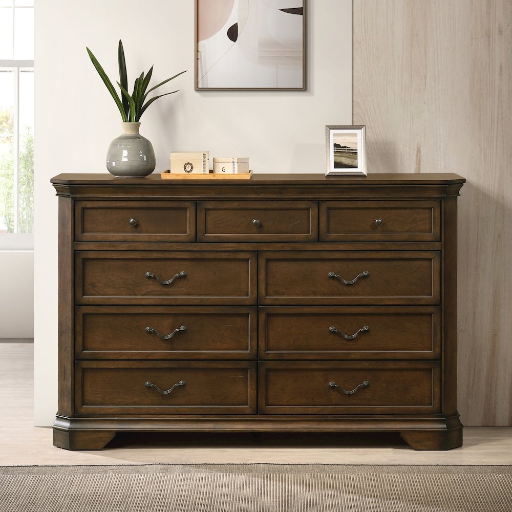 Maderne Traditional Wood 9-Drawer Dresser, Antique Walnut Finish. Picture 2