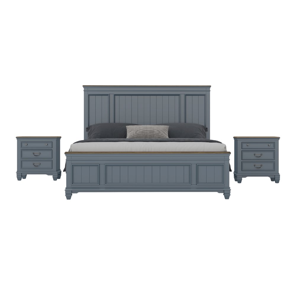 Clelane Wood Bedroom Set Panel King Bed and 2 Nightstands. Picture 1