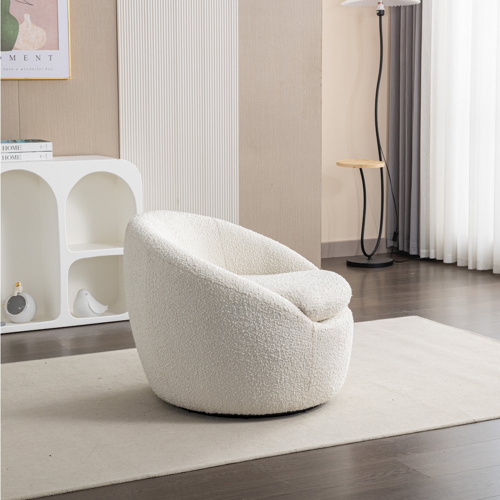 Winnie Modern Teddy Boucle Fabric Barrel Chair, 360 Degree Swivel, White. Picture 4
