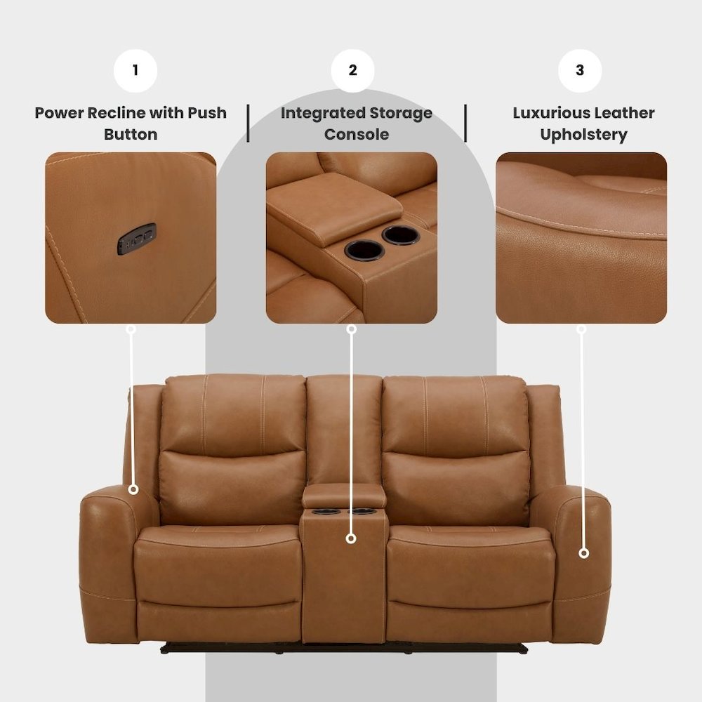 Cozura Leather Power Dual Recling Loveseat with Console, Silverado Butternut. Picture 6