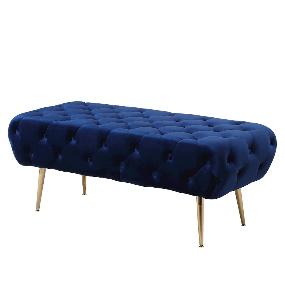 Sira Velvet Button Tufted Bench with Gold Metal Legs, Blue. Picture 1