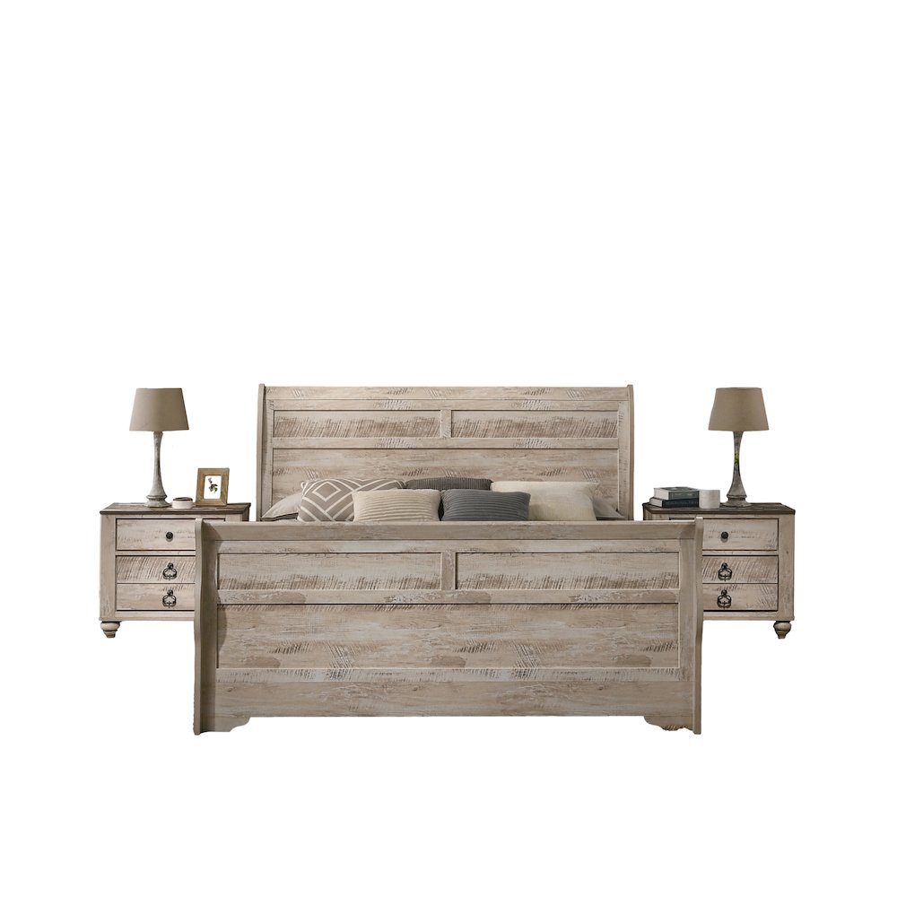 White Wash Finish 3-Piece Bedroom Set-Sleigh Bed and Two Nightstands, King Size. Picture 1