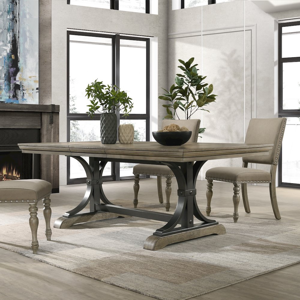 8-Piece Extendable Table with Nailhead Bench and Armchairs Dining Set, Driftwood. Picture 4