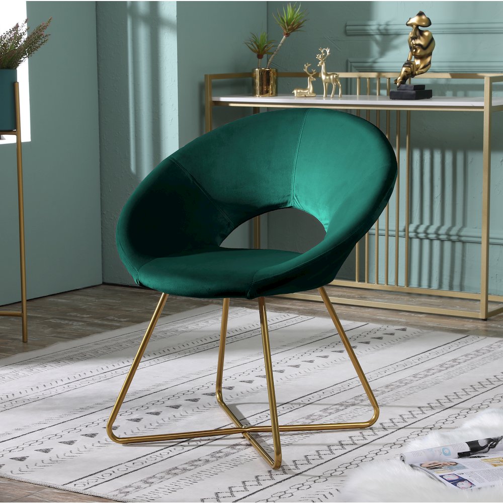 Slatina Green Silky Velvet Upholstered Accent Chair with Gold Tone Finished Base. Picture 2