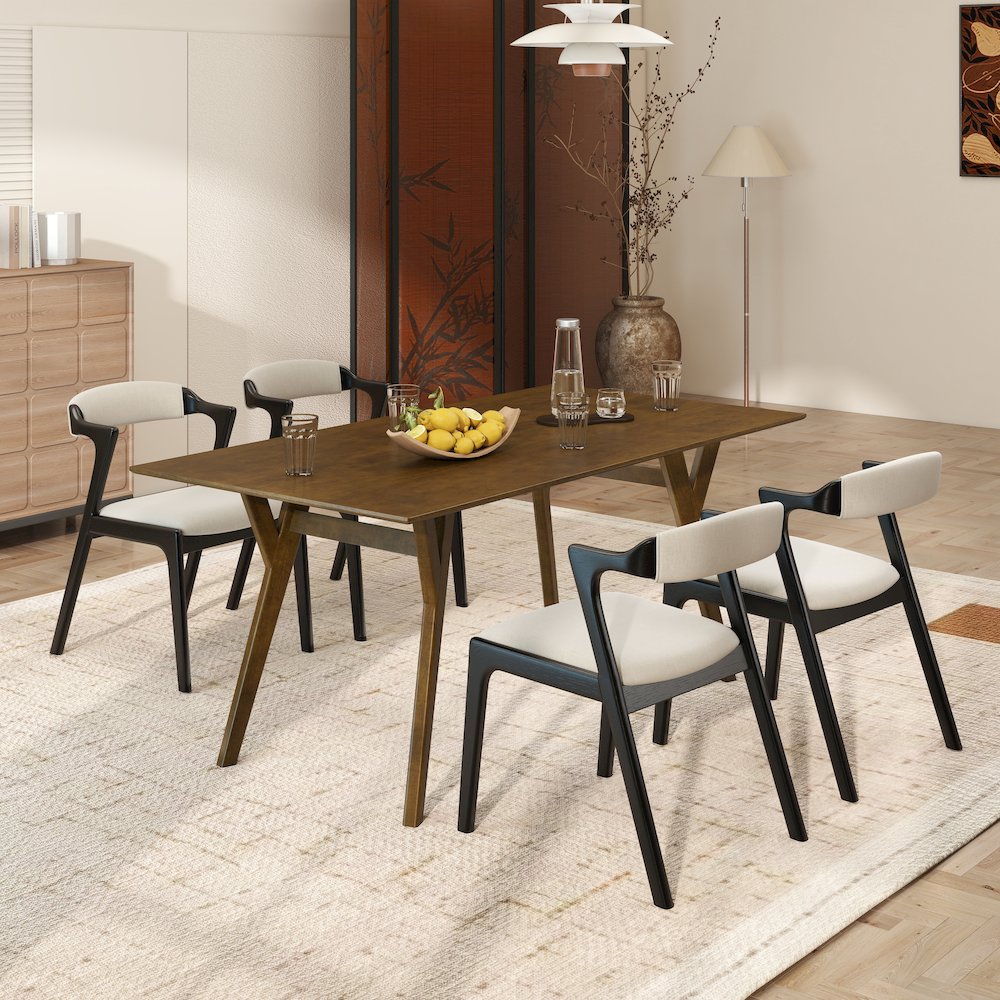 Modern 5-Piece Dining Set, Walnut Finished Dining Table with 4 Black Chairs. Picture 5