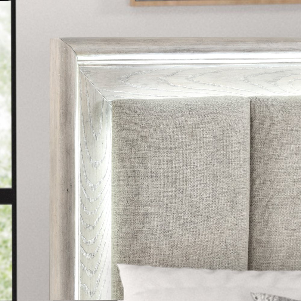 Seluna LED Lighting Panel Bed, Upholstered Headboard, Gray Oak Finish, King. Picture 4