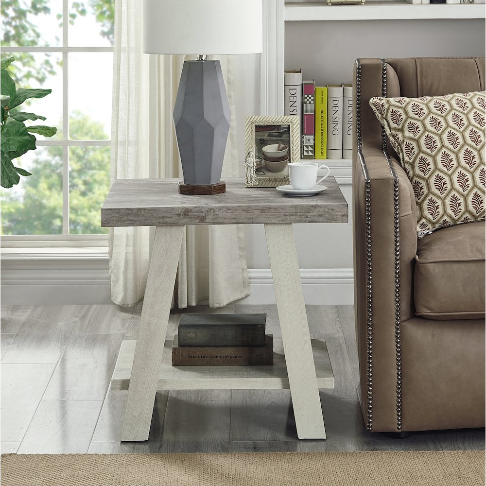 Athens Contemporary 3Pc Wood Shelf Coffee Table Set in Weathered Gray/Beige. Picture 6