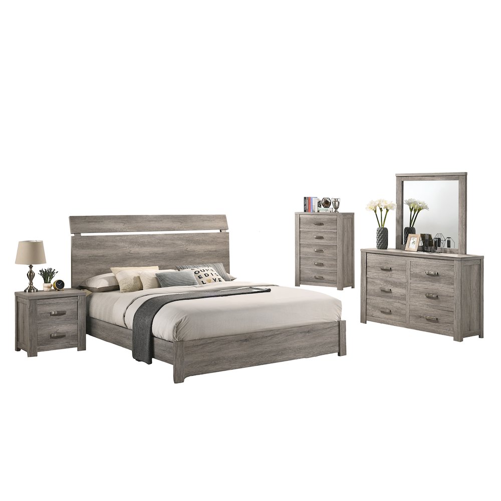 Weathered Gray Wood Bedroom Set, Queen Bed, Dresser, Mirror, Nightstand, Chest. Picture 1
