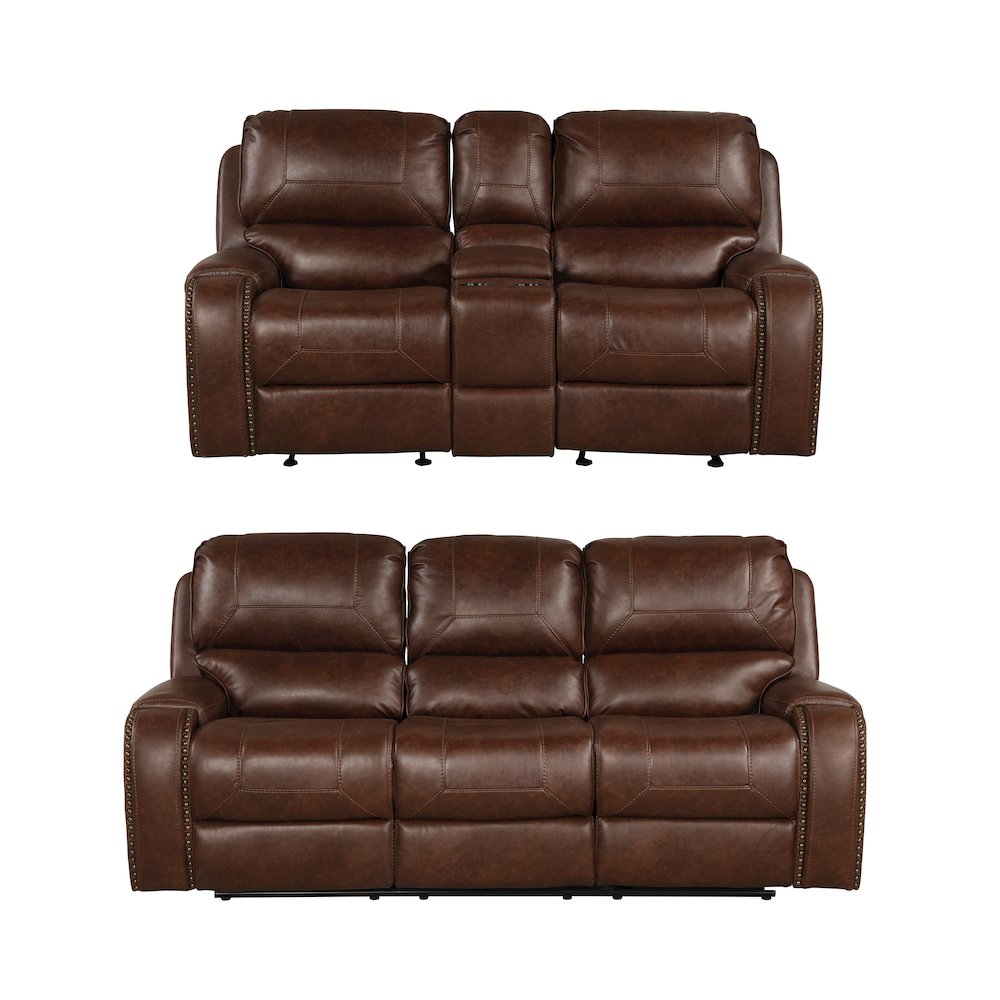 Achern Leather Manual Reclining Sofa and Loveseat, Storage Console and USB Port. Picture 1