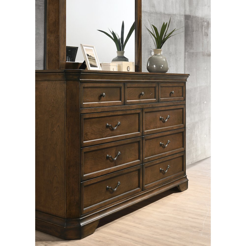 Maderne Traditional Wood 9-Drawer Dresser with Mirror, Antique Walnut Finish. Picture 3