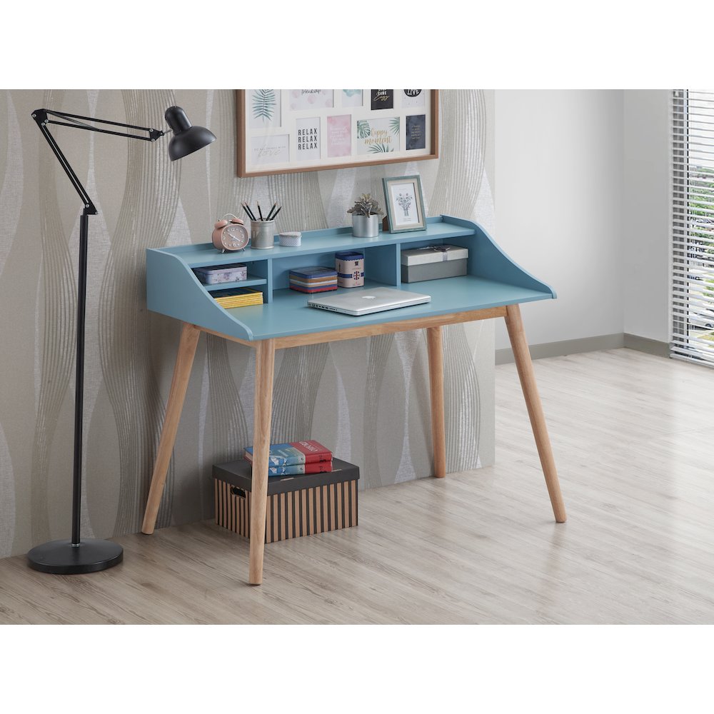 Roskilde Mid-Century Modern Wood Writing Desk with Hutch, Blue. Picture 2