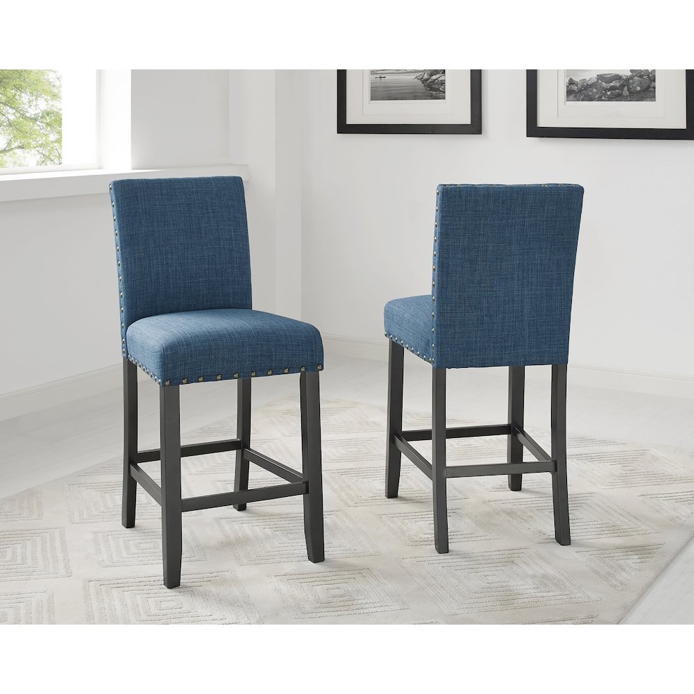 Biony Blue Fabric Counter Height Stools with Nailhead Trim, Set of 2. Picture 2