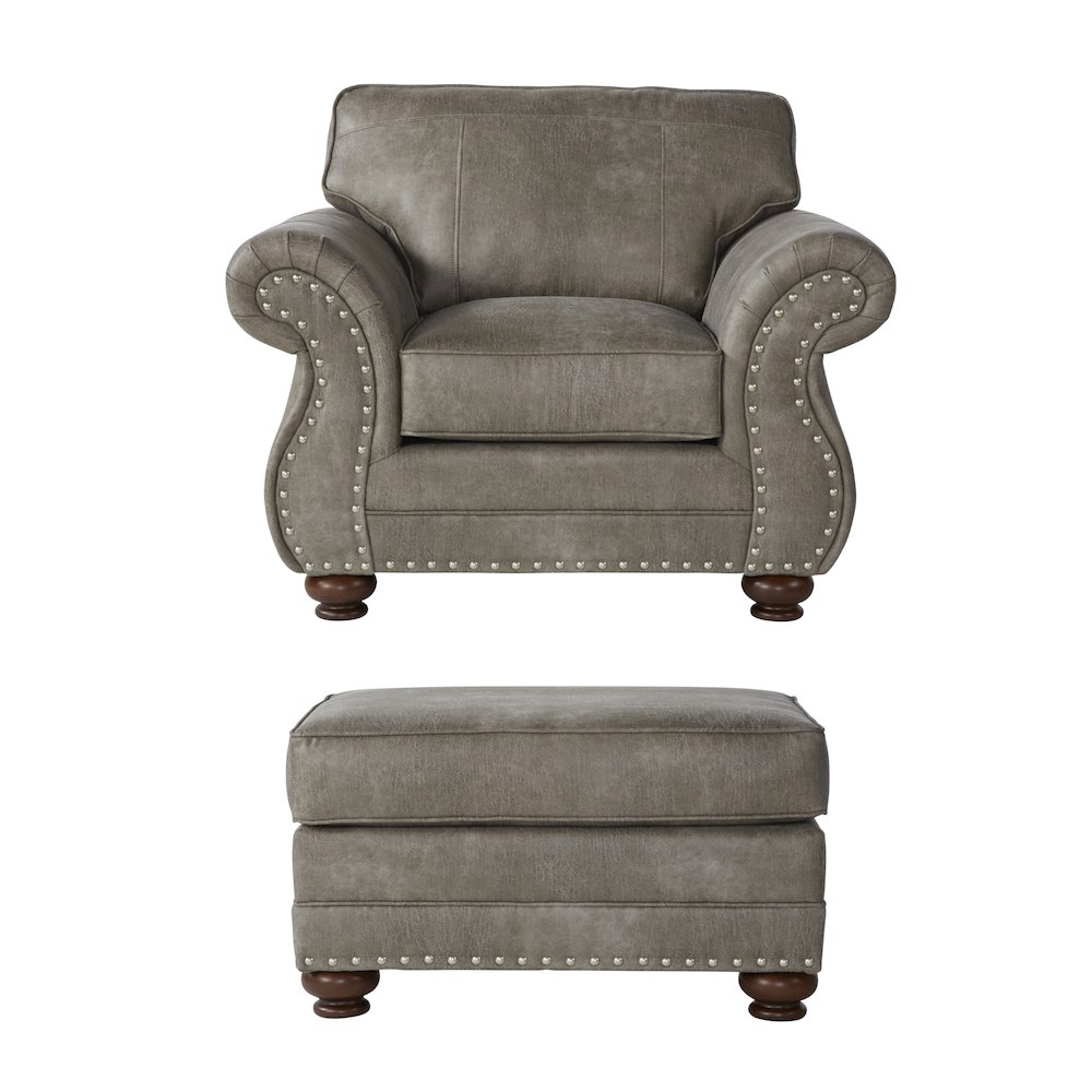 Leinster Faux Leather Upholstered Nailhead Chair and Ottoman in Stone Gray. Picture 1