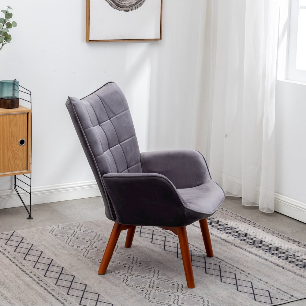 Leiria Contemporary Silky Velvet Tufted Accent Chair with Ottoman, Gray. Picture 5
