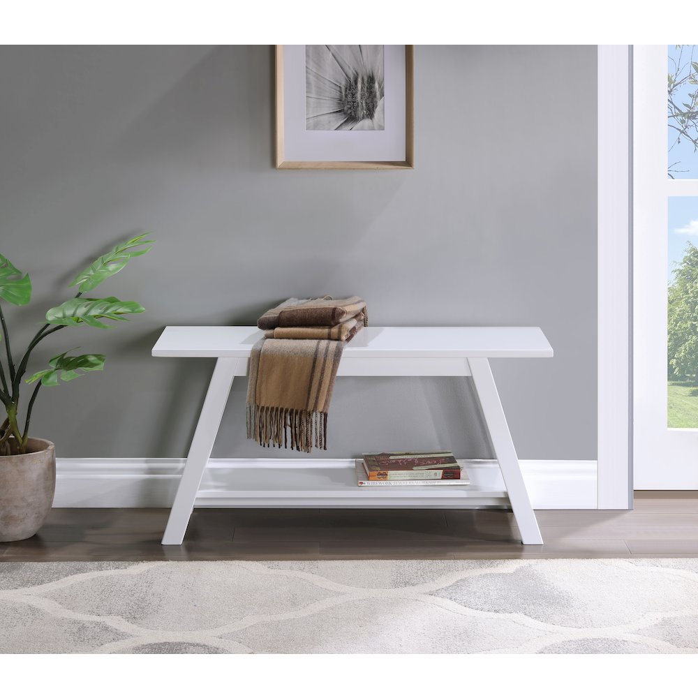 Elyz Solid Wood Bench with Shelf, 36 Inch Long, White. Picture 2